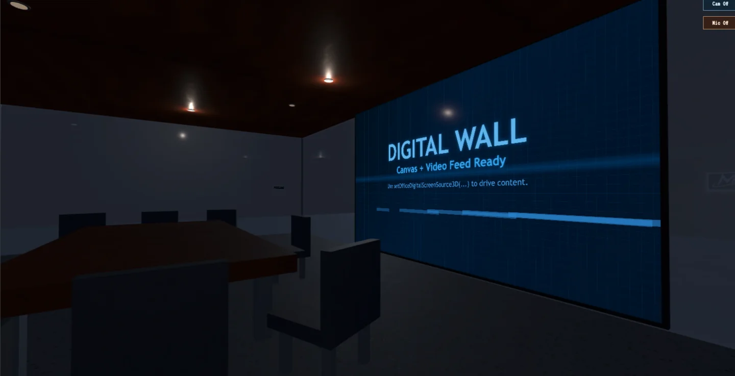 Meridian Space conference room with a large digital wall display.